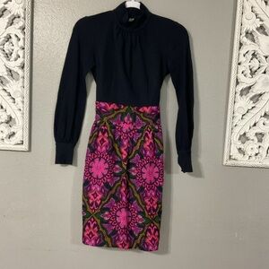 Milly of New York Dress Womens 2 Knit Turtleneck Top Abstract Floral Silk Skirt